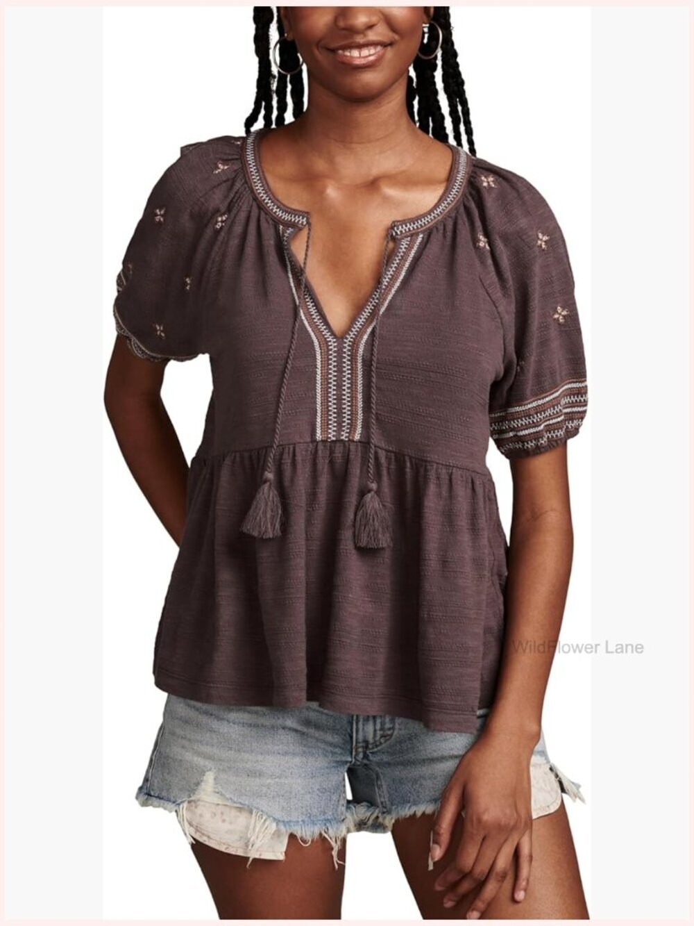 Embroidered Babydoll Top with Tassel Ties - Soft Cotton